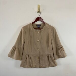 Vintage Y2K George ME Linen Blend Cropped Tan Jacket Ruffle Hems Button Up 8